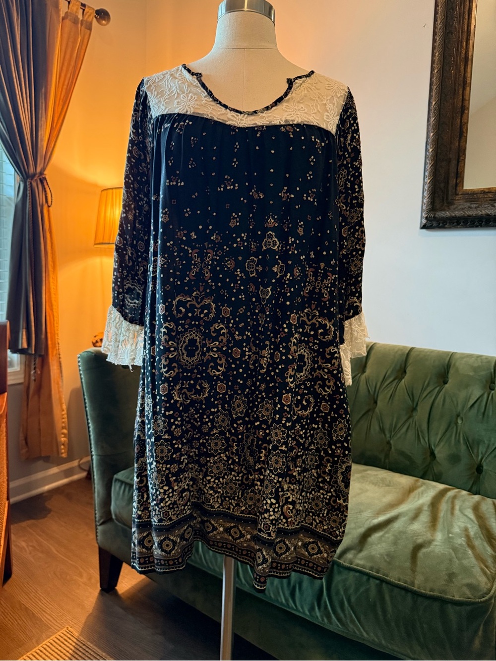 Umgee Navy and White Lace-Trim Boho Long Sleeve Dress